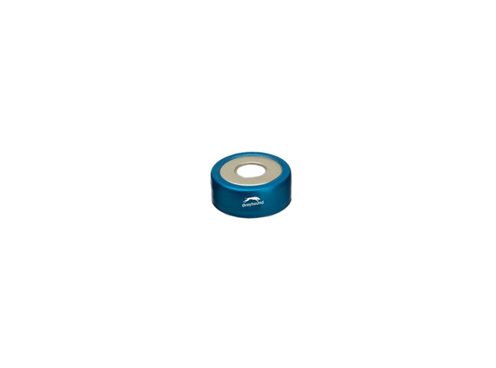 Picture of 20mm Bi-Metallic Magnetic Crimp Cap, Blue, Open 8mm Hole with Beige PTFE/White Silicone Septa (HT Grade), 3mm, (Shore A 45)